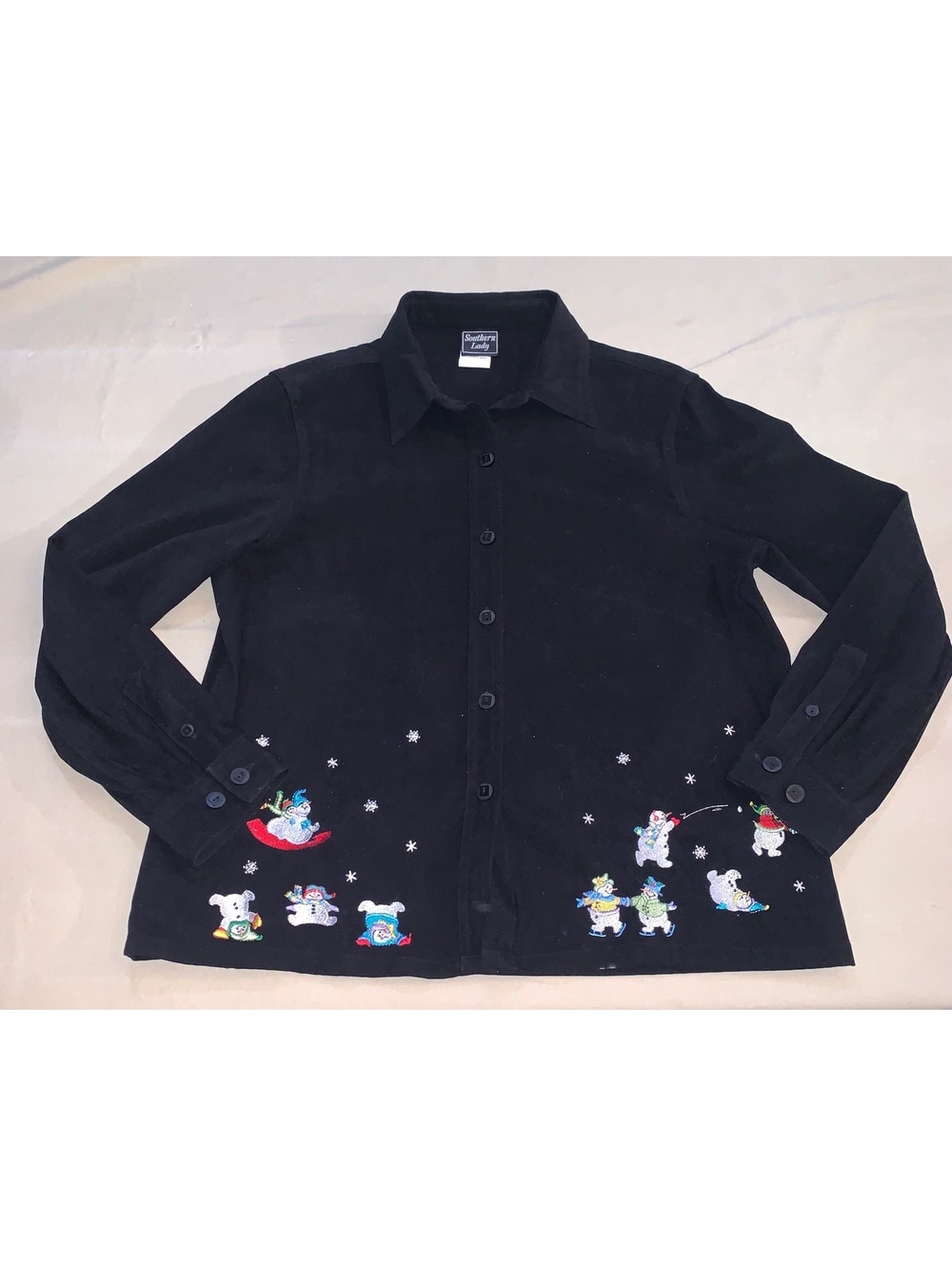 Southern Lady black button front long sleeve shirt with snowman embroidery